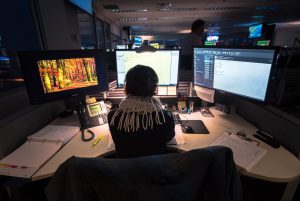 Worker sits at three computer screens displaying work and an autumn background.