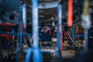 Maintenance crew in hangar.